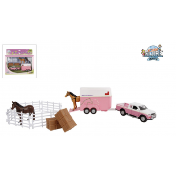 Kids Globe Horses Mitsubishi mit Pferdeanhänger und erweiterbarem Zubehör rosa 27cm 520205 